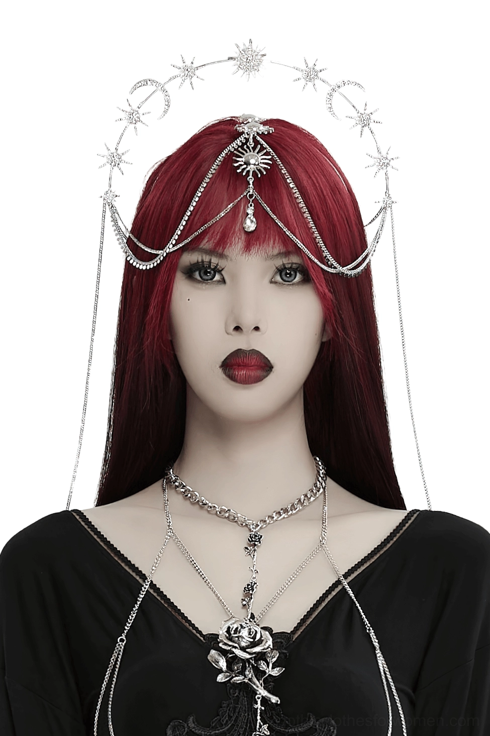 Celestial gothic headpiece frontal view on model with burgundy hair - silver metal crown with star moon and sun crystal pendants