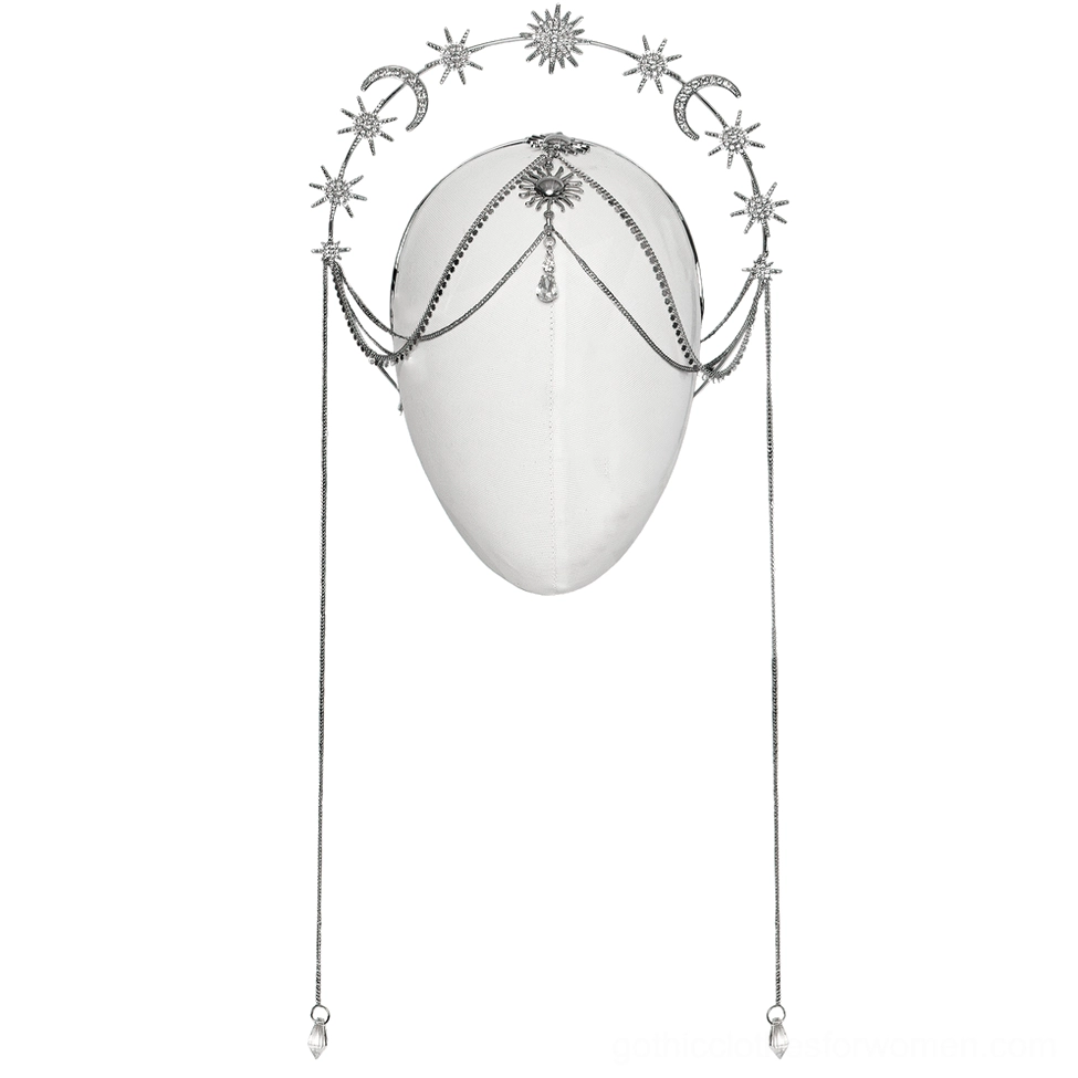 Celestial gothic crown headpiece on mannequin display - silver metal with layered chain drapes and crystal star moon accents
