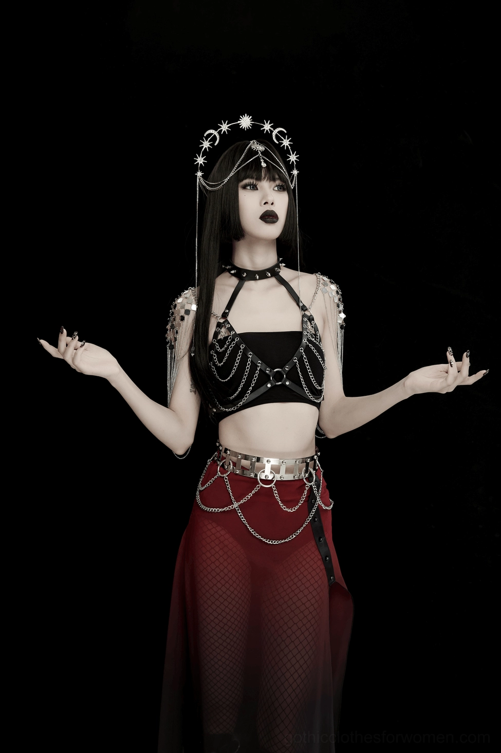 Celestial gothic crown styling reference showing how to wear the celestial headpiece with dark gothic aesthetic