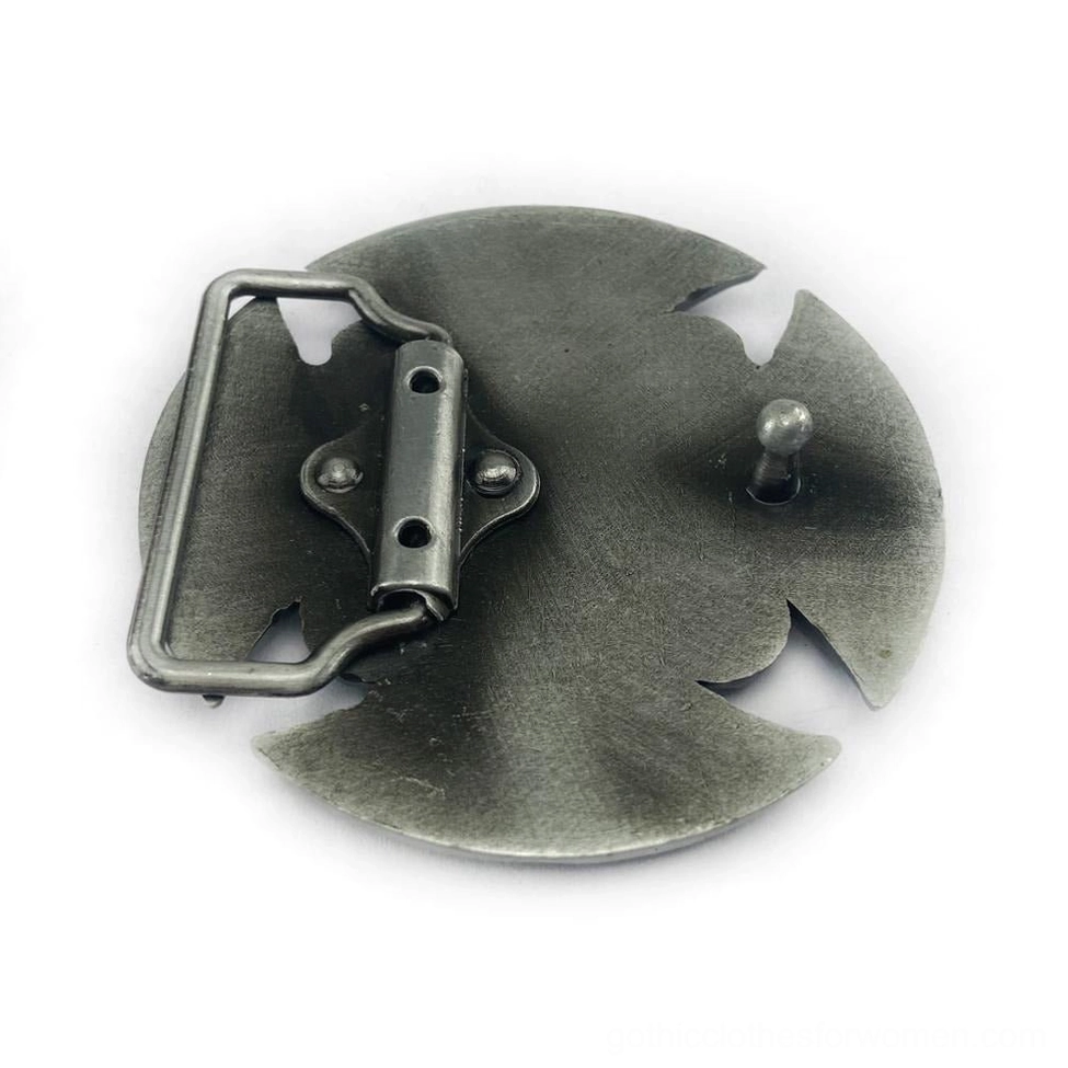 Celtic cross buckle hardware back showing locating pin and dual-screw positioning frame