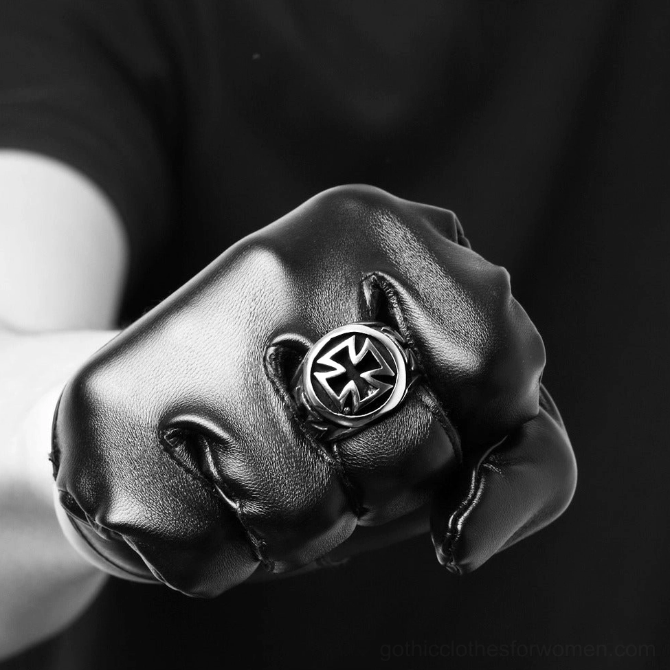 Black stainless steel celtic cross gothic ring lifestyle angle showing authentic biker aesthetic and craftsmanship
