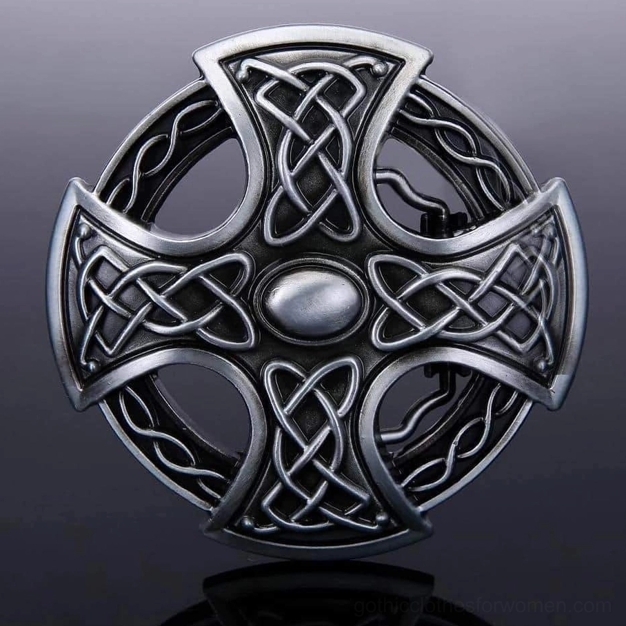 Celtic cross gothic belt buckle with measurement ruler showing actual product size and scale of 9cm square design