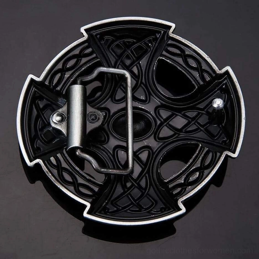 Celtic cross gothic belt buckle alternative angle showcasing the complete design aesthetic and ornamental center element