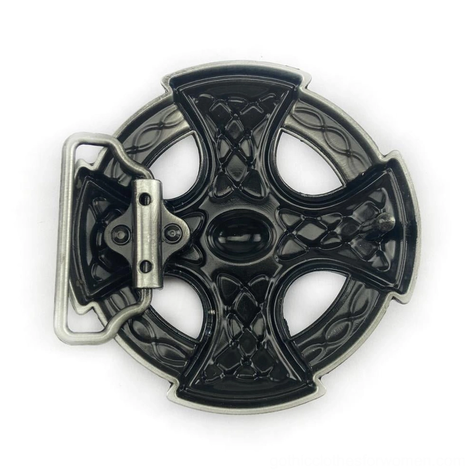 Oblique front view of Celtic cross gothic buckle with black metal base and silver accents showing belt mounting hardware