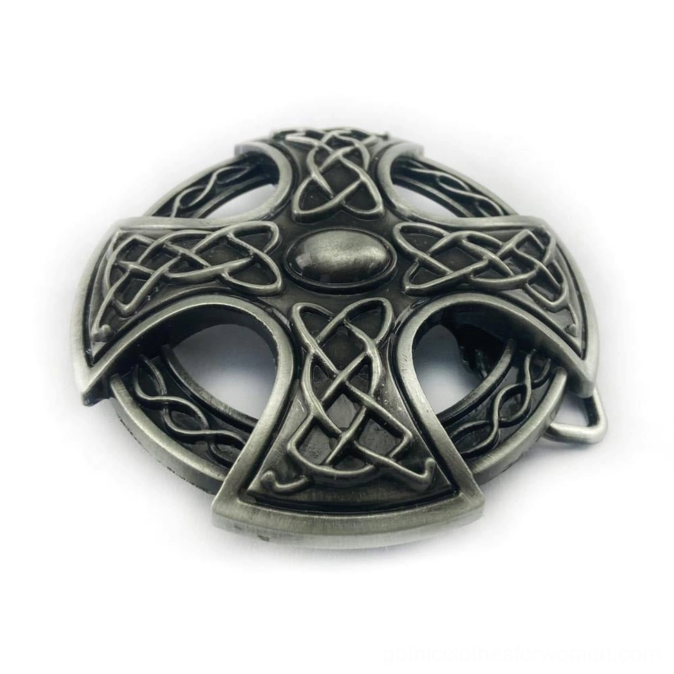 Hollow Celtic cross buckle design with central oval ornament and negative space details in antique silver tone