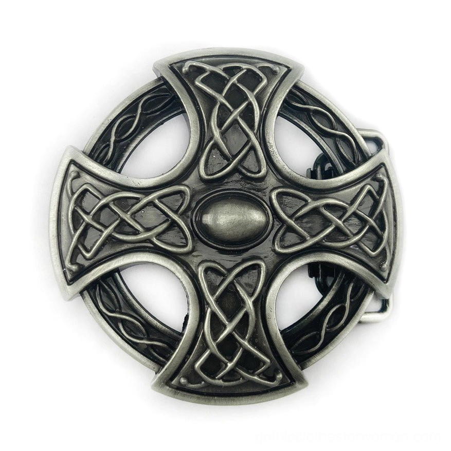 Detailed top view of Celtic cross belt buckle featuring intricate Celtic knot engravings and symbolic cross pattern