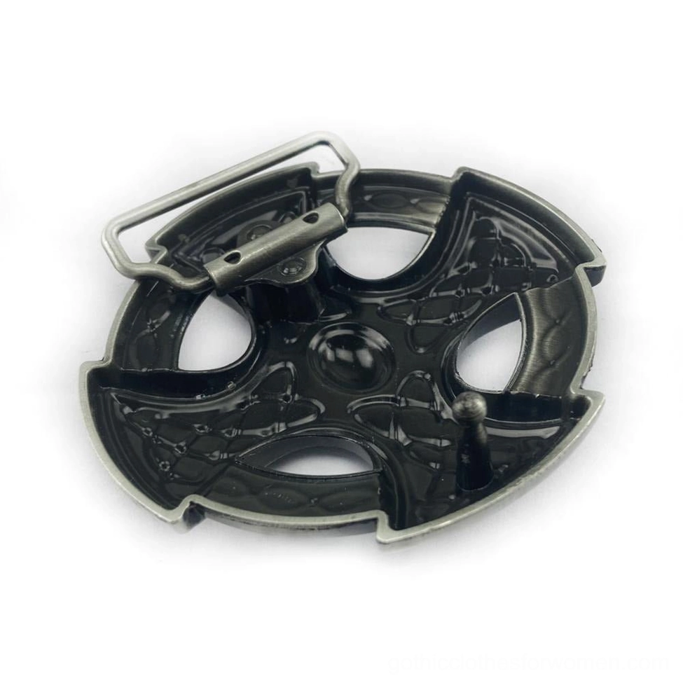 Rear view of Celtic cross gothic belt buckle displaying complete rear mounting structure and matte black metal finish