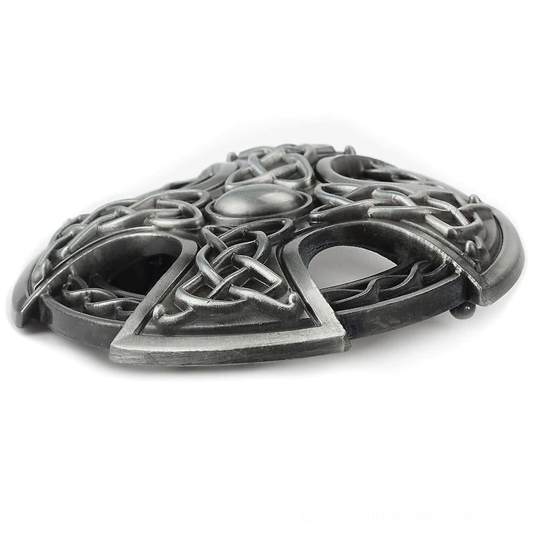 Three-dimensional side view of Celtic cross gothic belt buckle demonstrating substantial thickness and depth of construction
