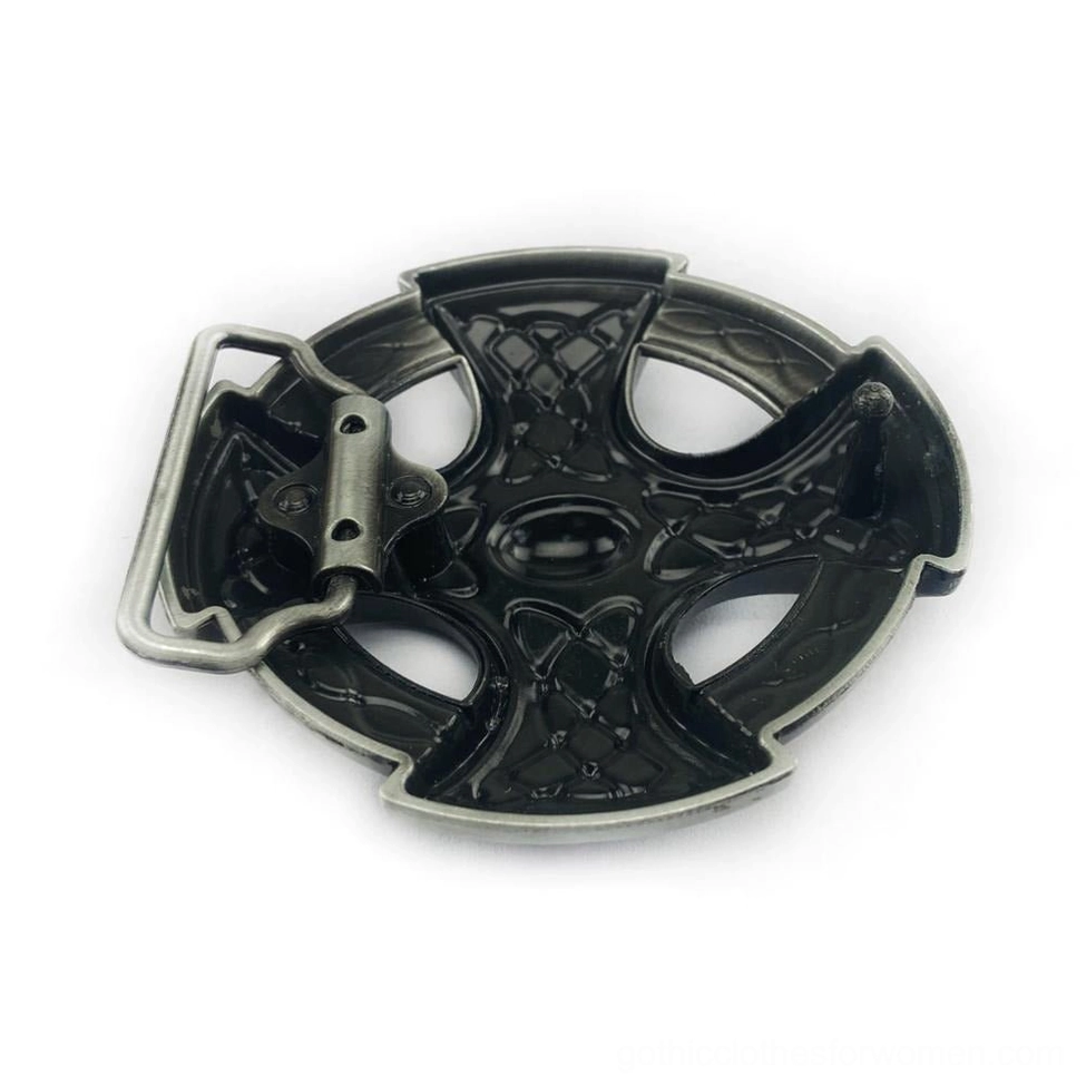 Side rear perspective of Celtic cross gothic buckle showing visible belt strap attachment buckle mechanism