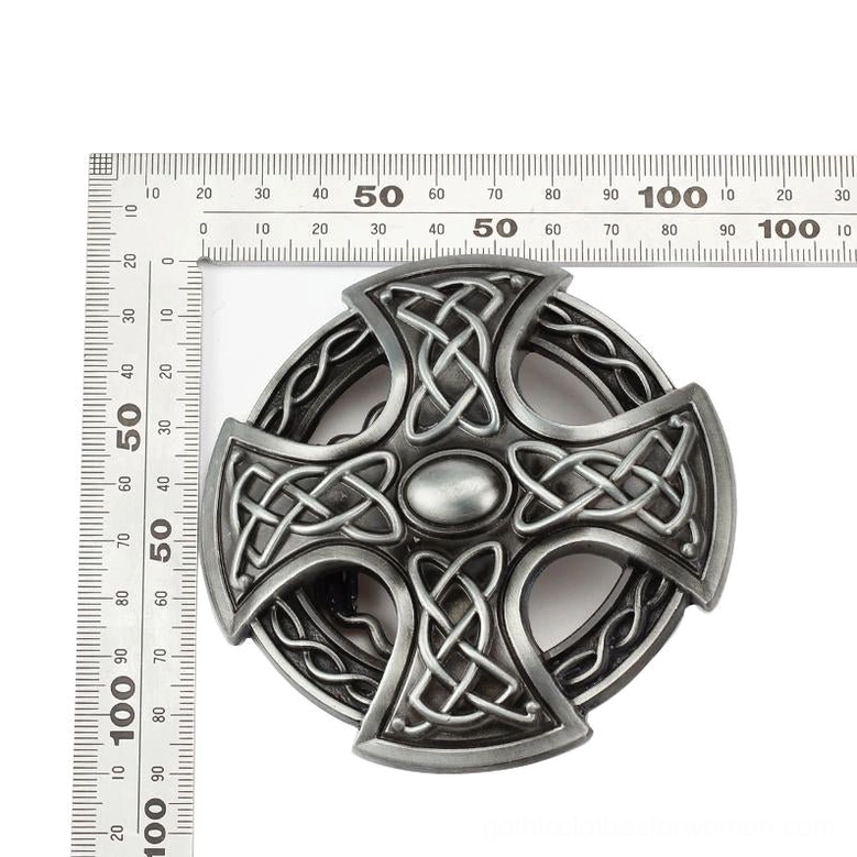 Artistic presentation of Celtic cross gothic belt buckle displaying symbolic Celtic knot pattern and ancient design heritage