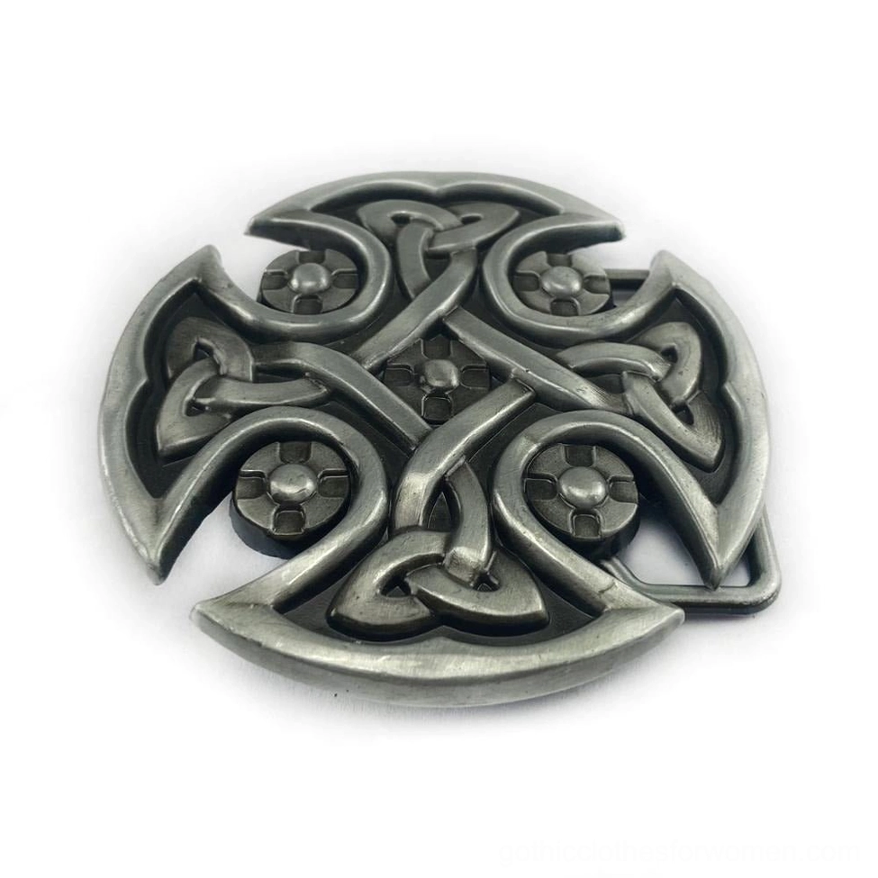 Celtic round belt buckle overhead angle displaying symmetric interwoven Celtic knot design