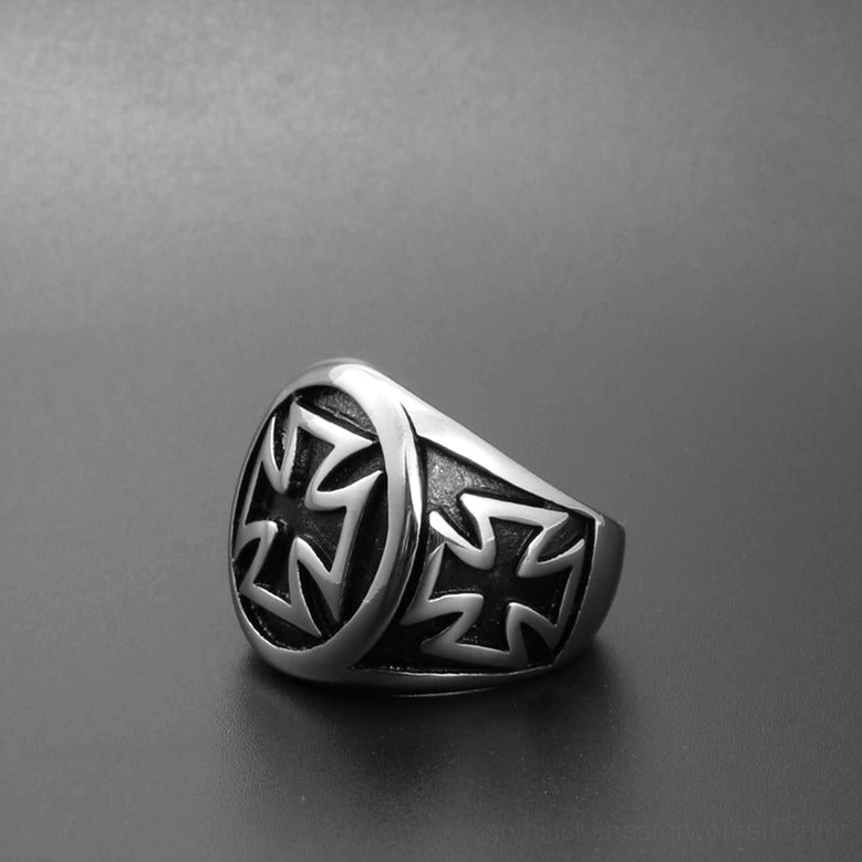 Gothic cross biker ring left side angle revealing dual embossed cross patterns on ring sides