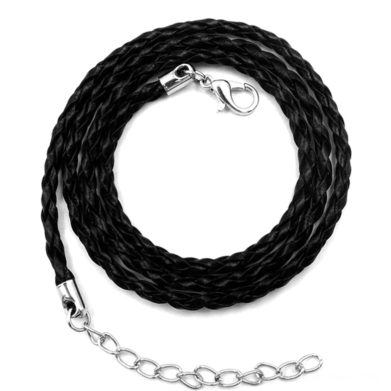 Black braided leather rope chain with silver extension chain and lobster clasp, front flat display showing the matching necklace component for Celtic solar cross pendant