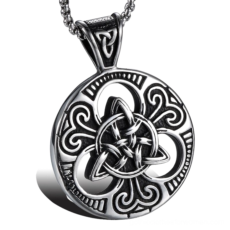 Celtic knot gothic pendant necklace, round stainless steel design with intricate carved knotwork and shield symbolism, front close-up view