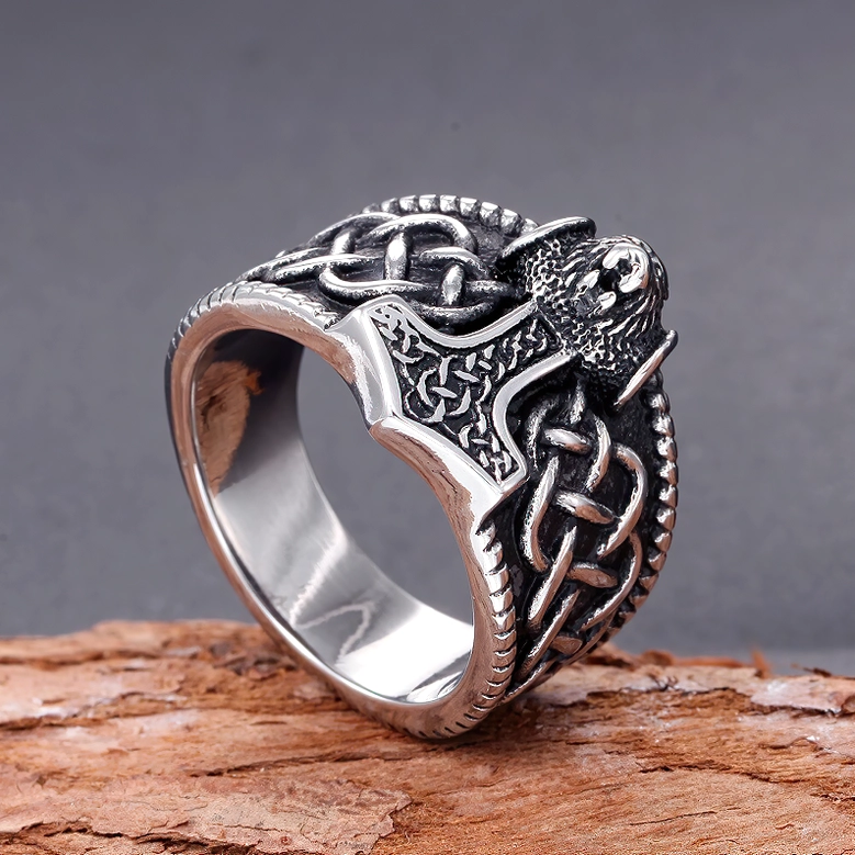 Celtic Mjolnir gothic ring overhead view full knot pattern polished interior