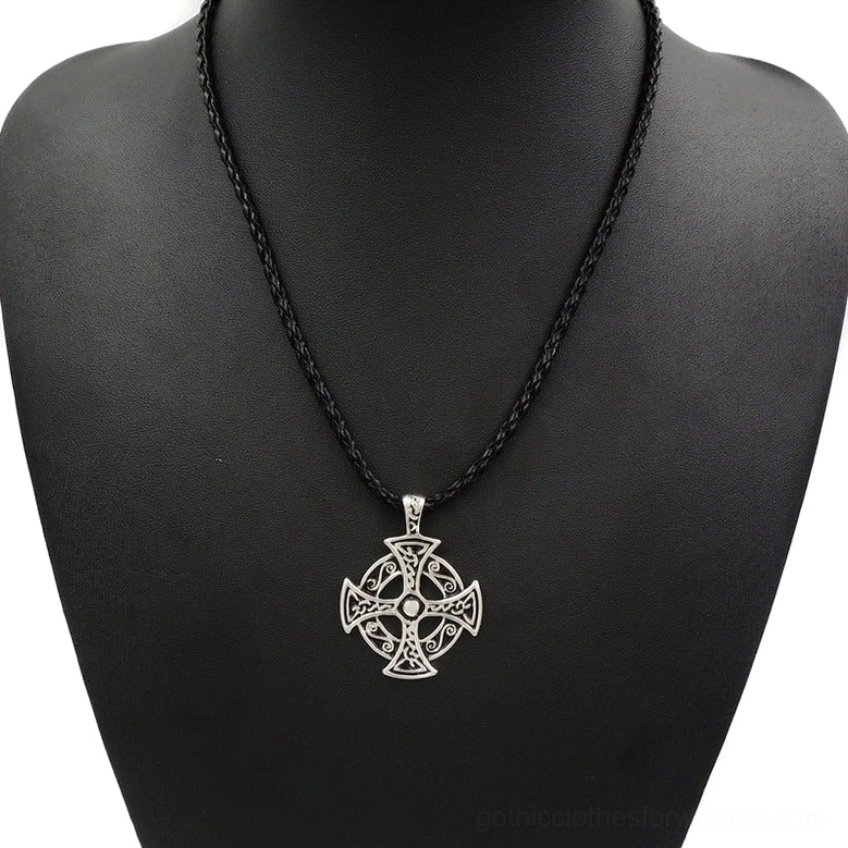 Celtic solar cross gothic pendant necklace worn on mannequin neck, showing silver-toned pendant with black braided cord necklace length and styling appearance