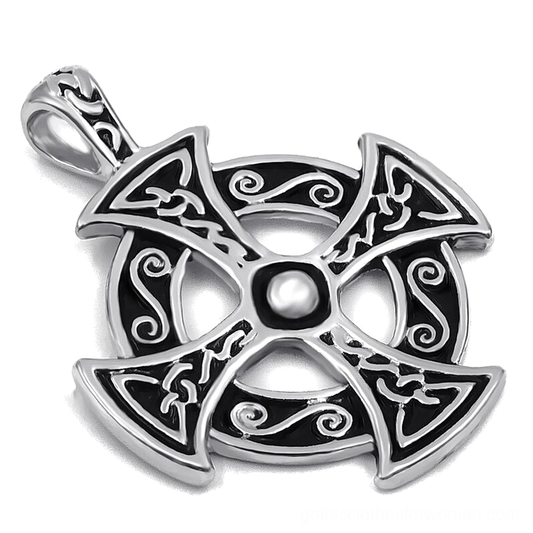 Celtic solar cross amulet pendant shown from side and top angle, revealing the hollow circular frame design, central bead, and vintage carved relief details in silver pewter