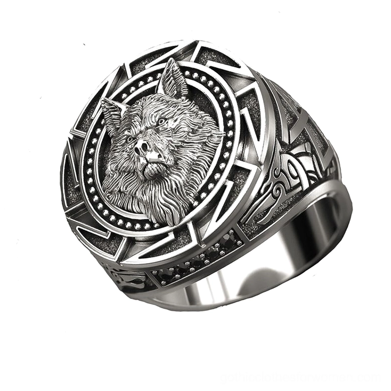 Celtic wolf head ring right angle tribal side patterns round wolf center motif antique silver gothic band