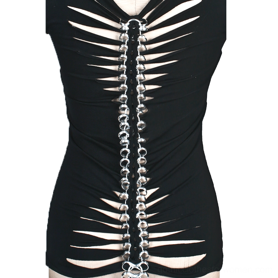 Back detail of gothic chain-back t-shirt showing slitted ribcage design with metal chain accents