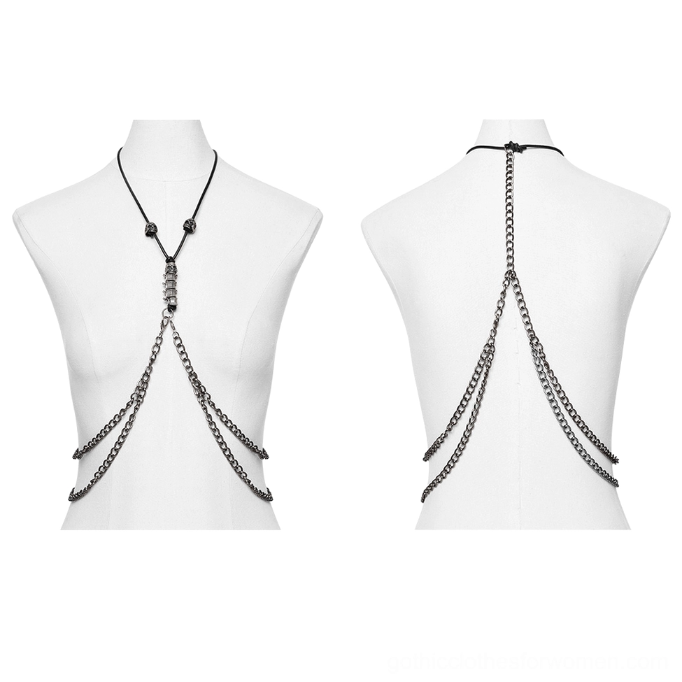 Silver skull chain body harness dual mannequin display front and back view, black neck strap with layered chains