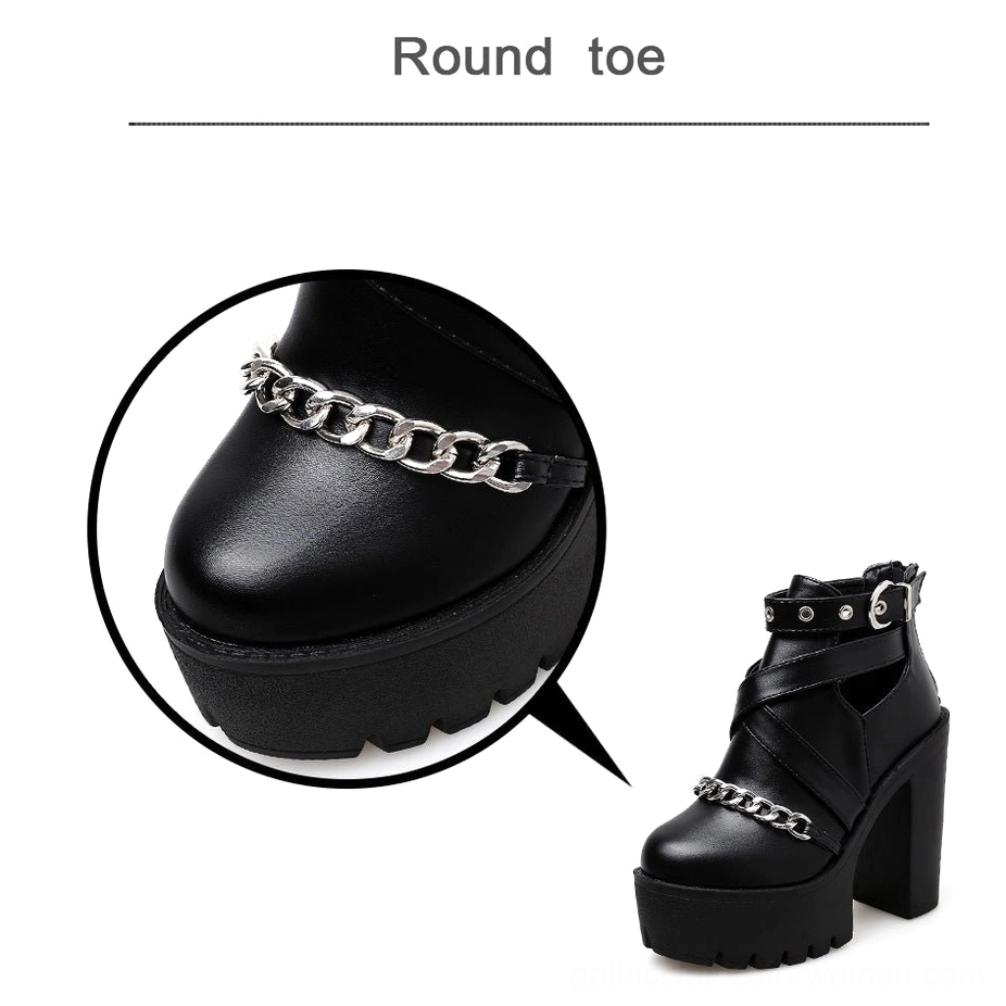 Close-up detail of chain platform boots showing silver-tone chain vamp decoration and round toe construction