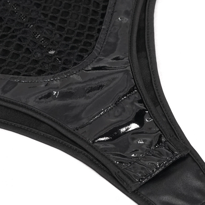 Chain choker attached to black mesh bodysuit - neck and upper torso detail view