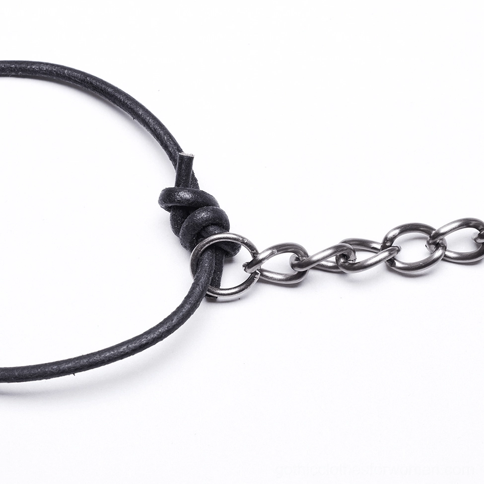 Close-up detail of metal chain clasp and black leather cord neck attachment for gothic body harness