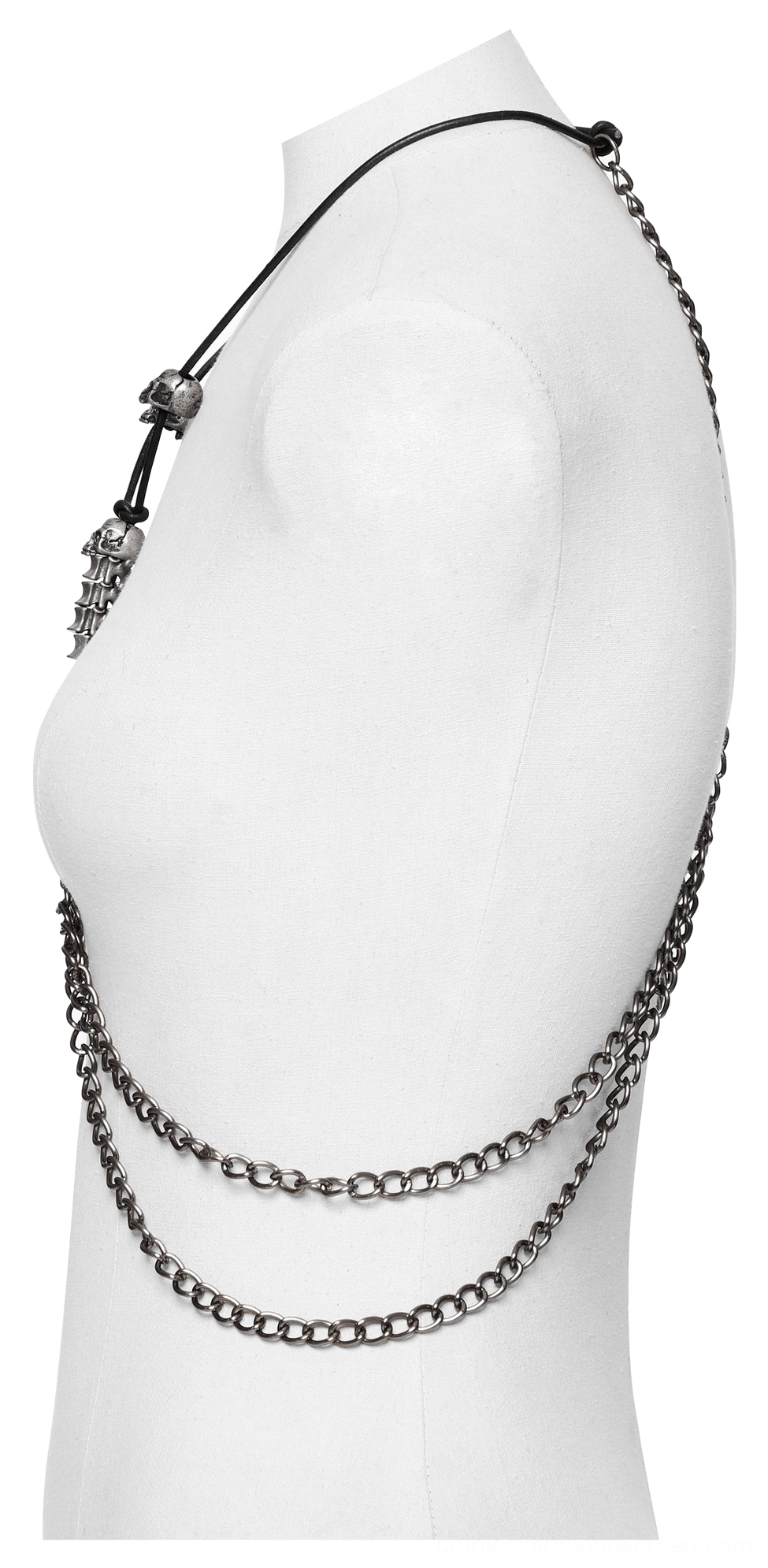 Silver chain harness side mannequin view showing layered metal chains and skull charm details