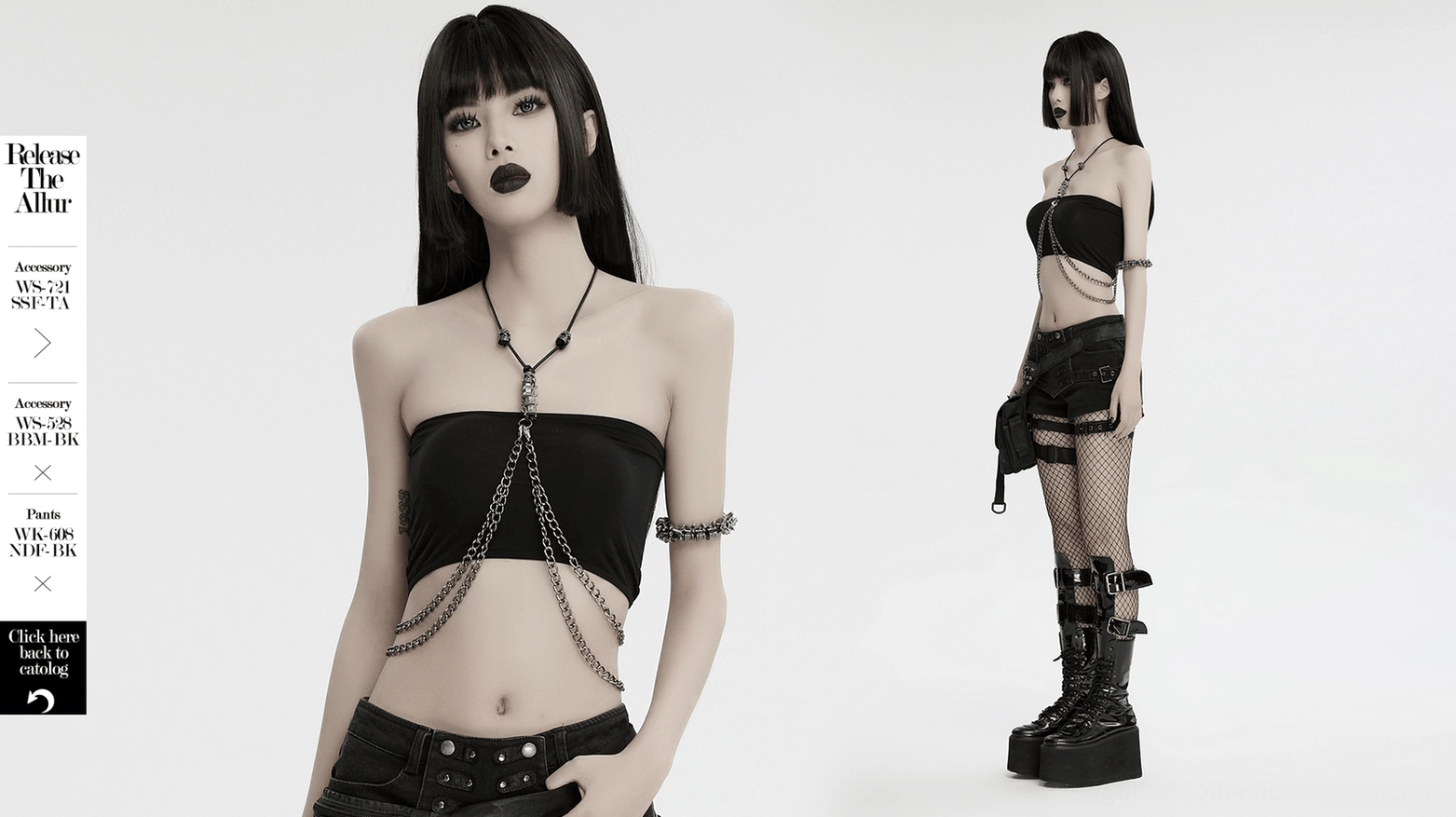 Silver chain body harness packaging and product presentation for women's gothic jewelry