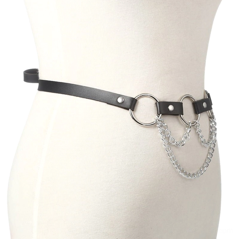 Waist chain belt displayed on mannequin from side profile, showing black leather strap and hanging silver chain elements with metal hardware