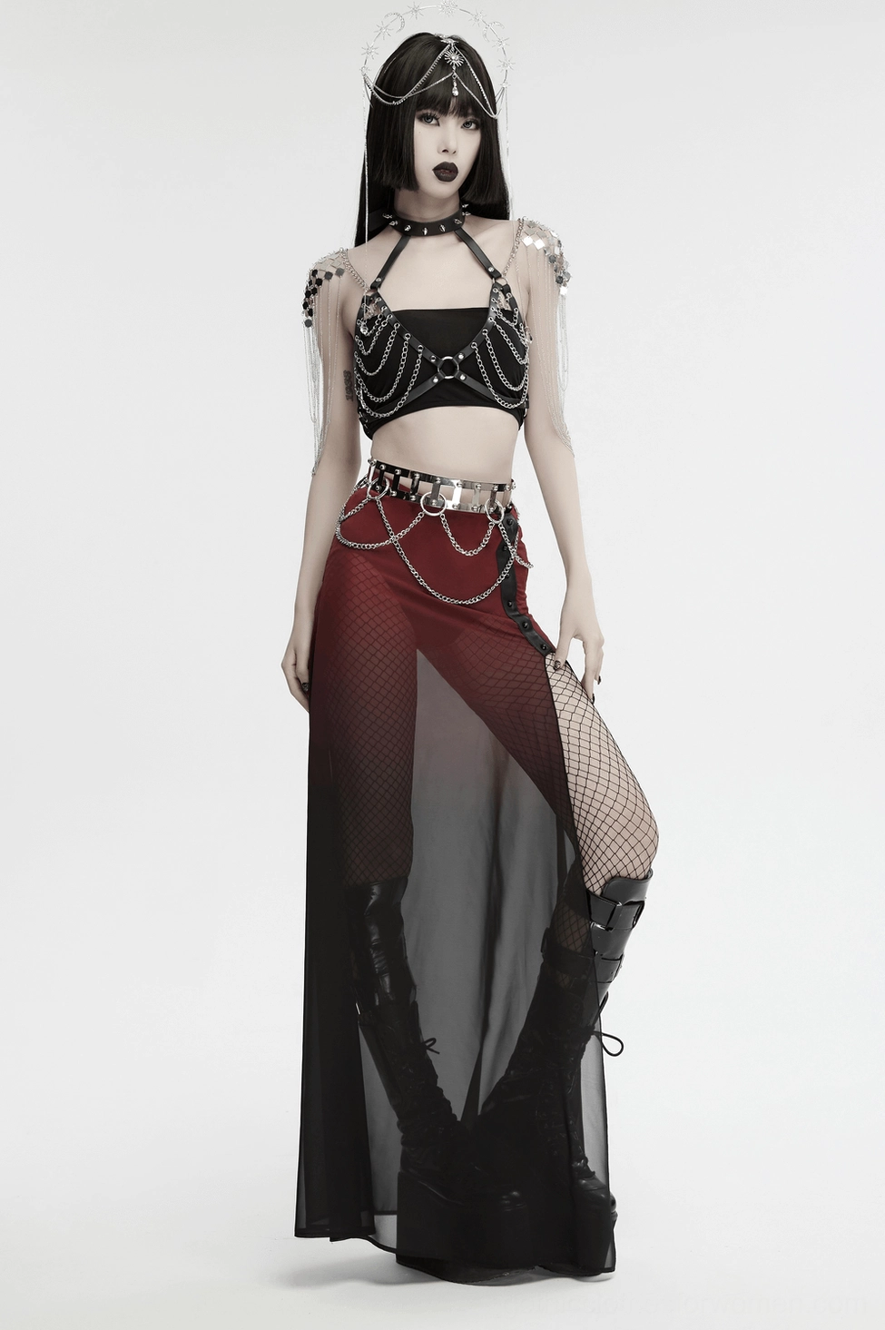 Silver chain tassels and metal hardware detail of gothic women's spiked halter harness