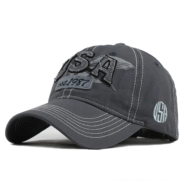 Charcoal gray denim gothic cap with USA lettering and precision topstitching, unisex adjustable
