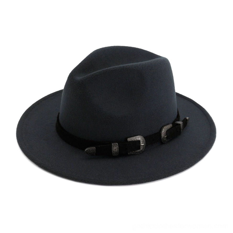 Charcoal grey vintage fedora with western buckle belt decor and matte felt finish