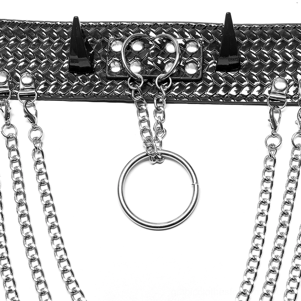 Close-up detail of metal rivets, O-ring hardware and chains on black python grain choker