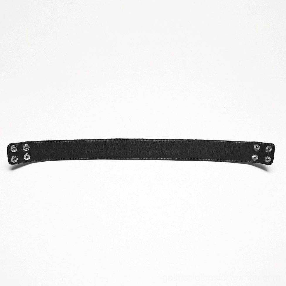 Top-down view of black leather choker showing full length with metal ring trim