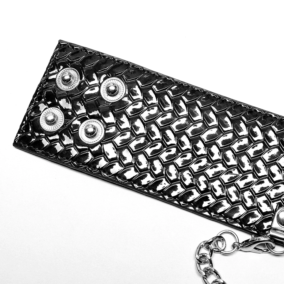 Choker strap with metal snap button fasteners on woven black faux leather, angled product detail view