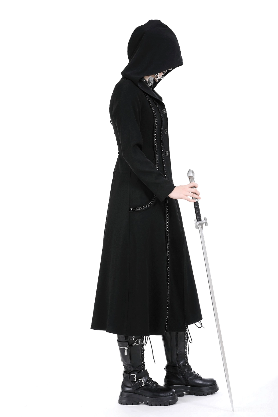 Gothic hooded coat front button and lace-up back closure system details