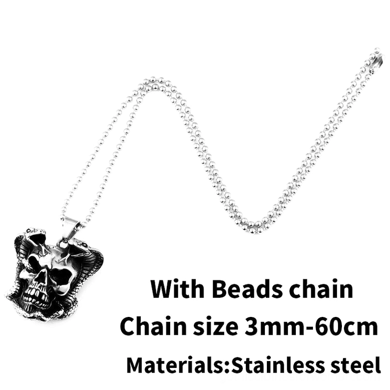 Gothic cobra skull pendant with bead chain - 3mm stainless steel beaded chain necklace flat lay