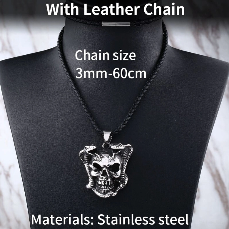 Cobra skull pendant on leather chain - gothic necklace worn on display mannequin with leather chain