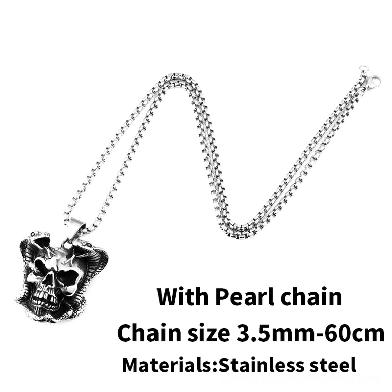 Cobra skull pendant with pearl chain - stainless steel pearlescent chain gothic necklace