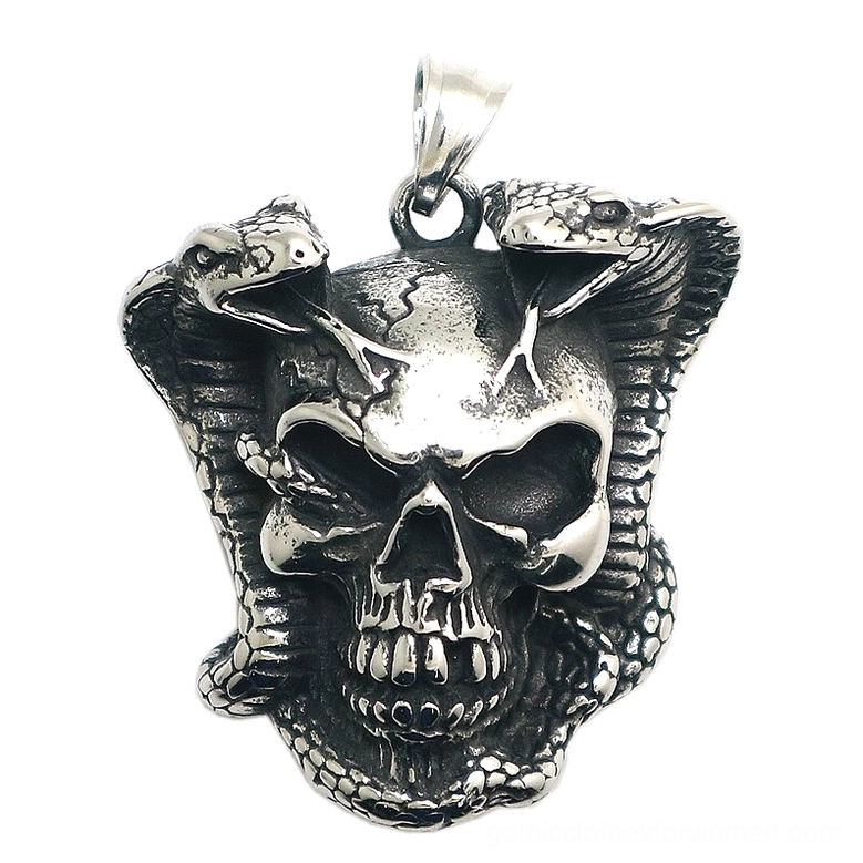 Cobra skull pendant front view - gothic stainless steel necklace with detailed scale texture and vintage silver finish