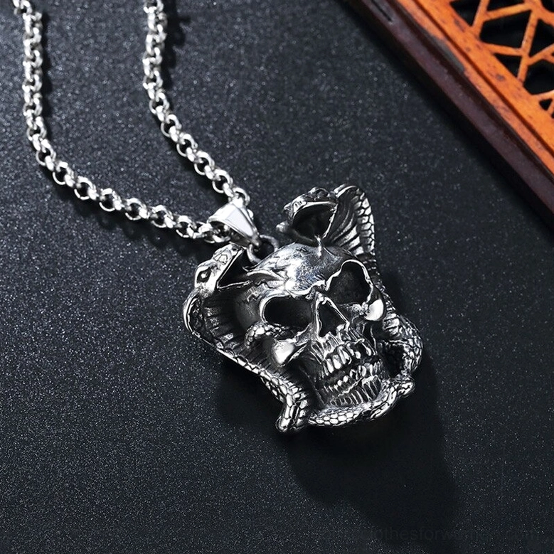 Cobra skull pendant necklace lifestyle - gothic jewelry worn as statement piece in dark fashion