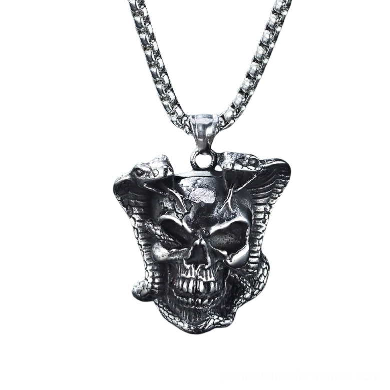 Cobra skull pendant on wheat chain - angled front view of gothic necklace with stainless steel chain