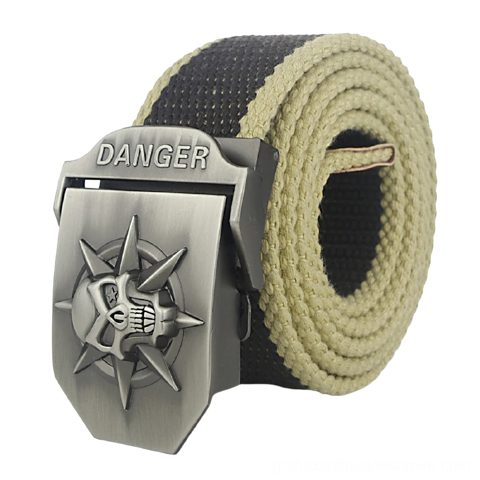 Coffee beige striped canvas gothic belt with silver spiked skull danger buckle - unisex