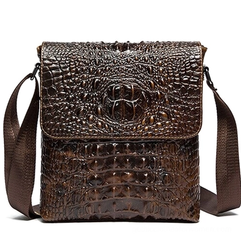 Coffee brown gothic crocodile textured leather shoulder bag front view with logo detail