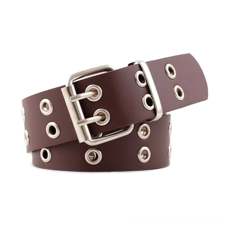 Coffee brown gothic leather belt with pin buckle and silver eyelets, dark fashion style