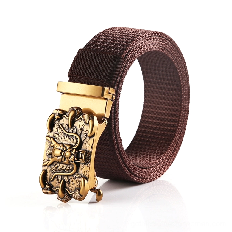 Coffee brown nylon gothic belt with aged bronze dragon embossing automatic buckle