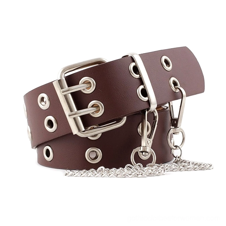 Coffee brown gothic chain belt with attached silver chain and pin buckle, punk rock aesthetic