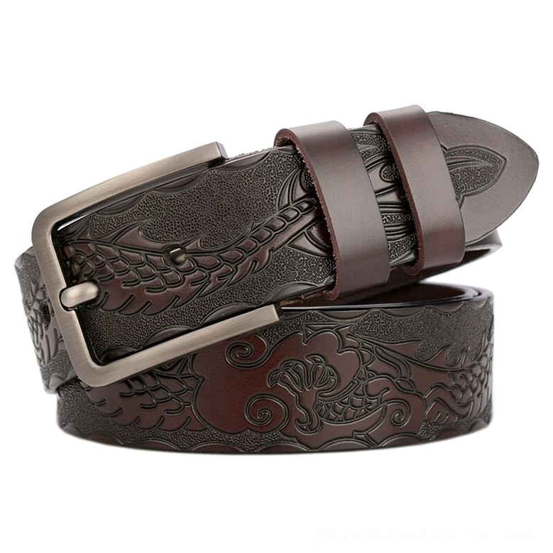 Coffee brown gothic embossed leather belt featuring rich dark floral patterns and antique silver hardware