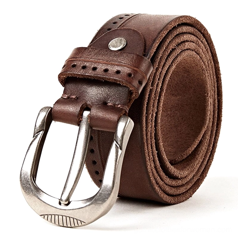 Coffee brown vintage leather belt with silver buckle, dark gothic aesthetic, perforated strap end close-up